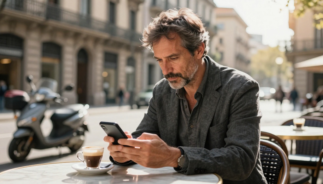 A man with a salt-and-pepper beard reviewing AI image outputs at a Barcelona cafe in warm morning light