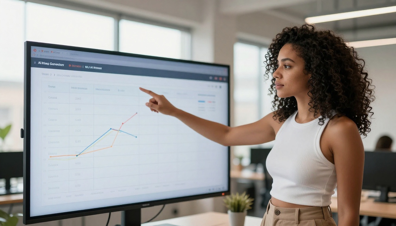 A woman with curly dark hair pointing at a large wall-mounted comparison chart in a bright co-working space
