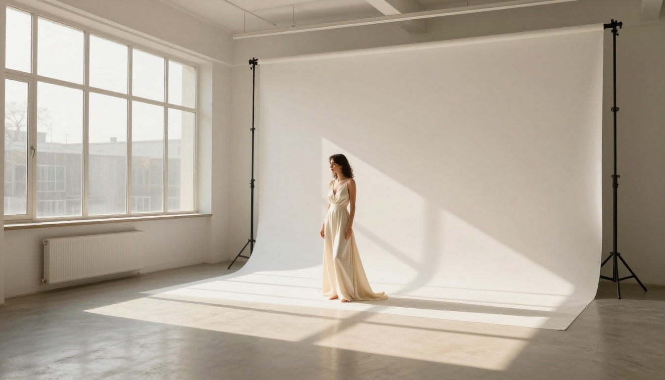Wide shot of a minimalist photography studio with AI creative workflow