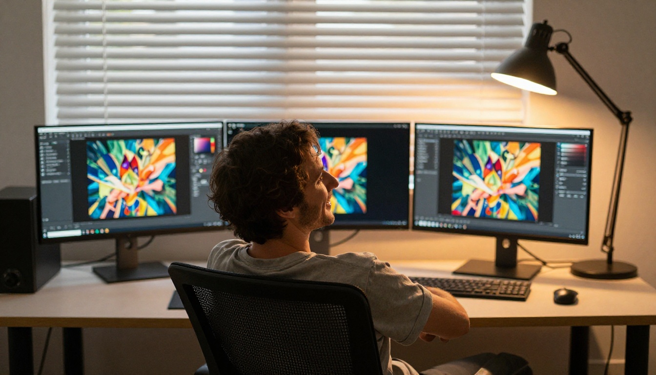 Professional graphic designer reviewing AI-generated artwork results