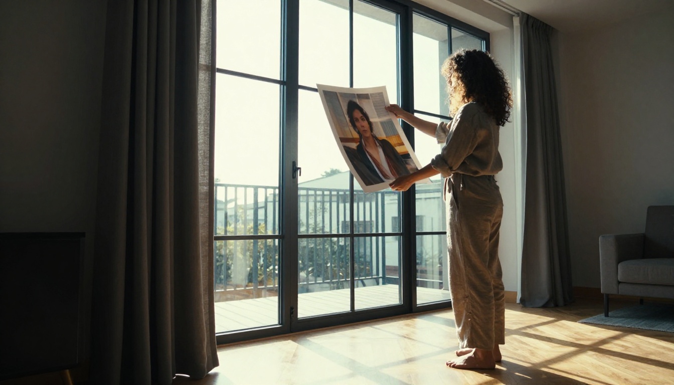 Wide angle shot of a creative studio apartment with a designer examining AI art prints