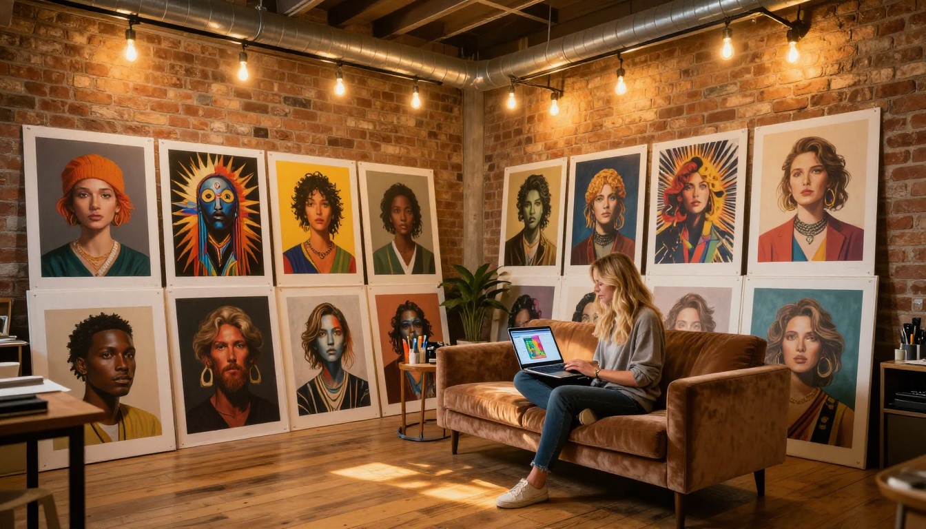 Creative professional in a warm studio space with AI-generated artwork displayed on surrounding walls