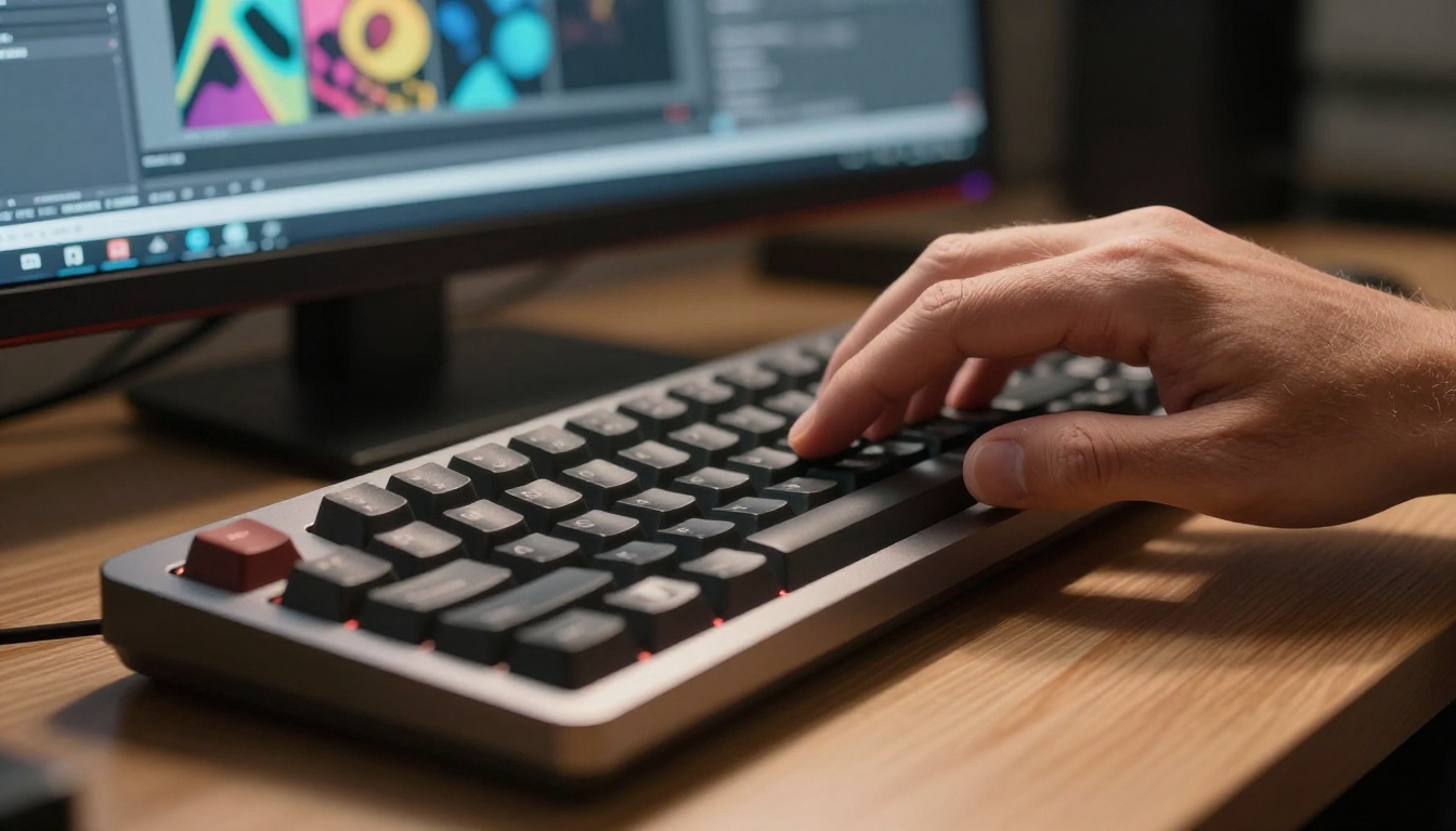 Designer typing at keyboard with second monitor showing AI design interface
