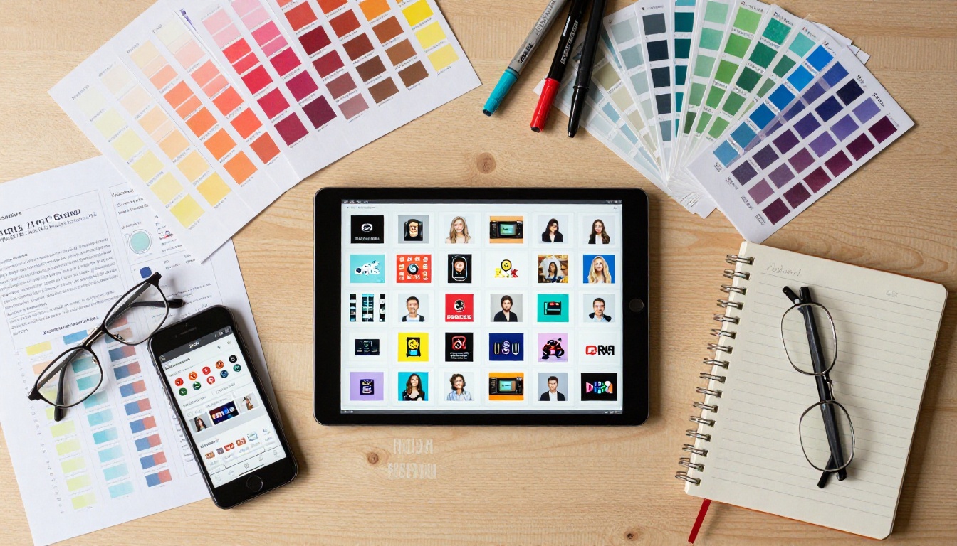 Aerial flat-lay view of design workspace with template mockups and color swatches