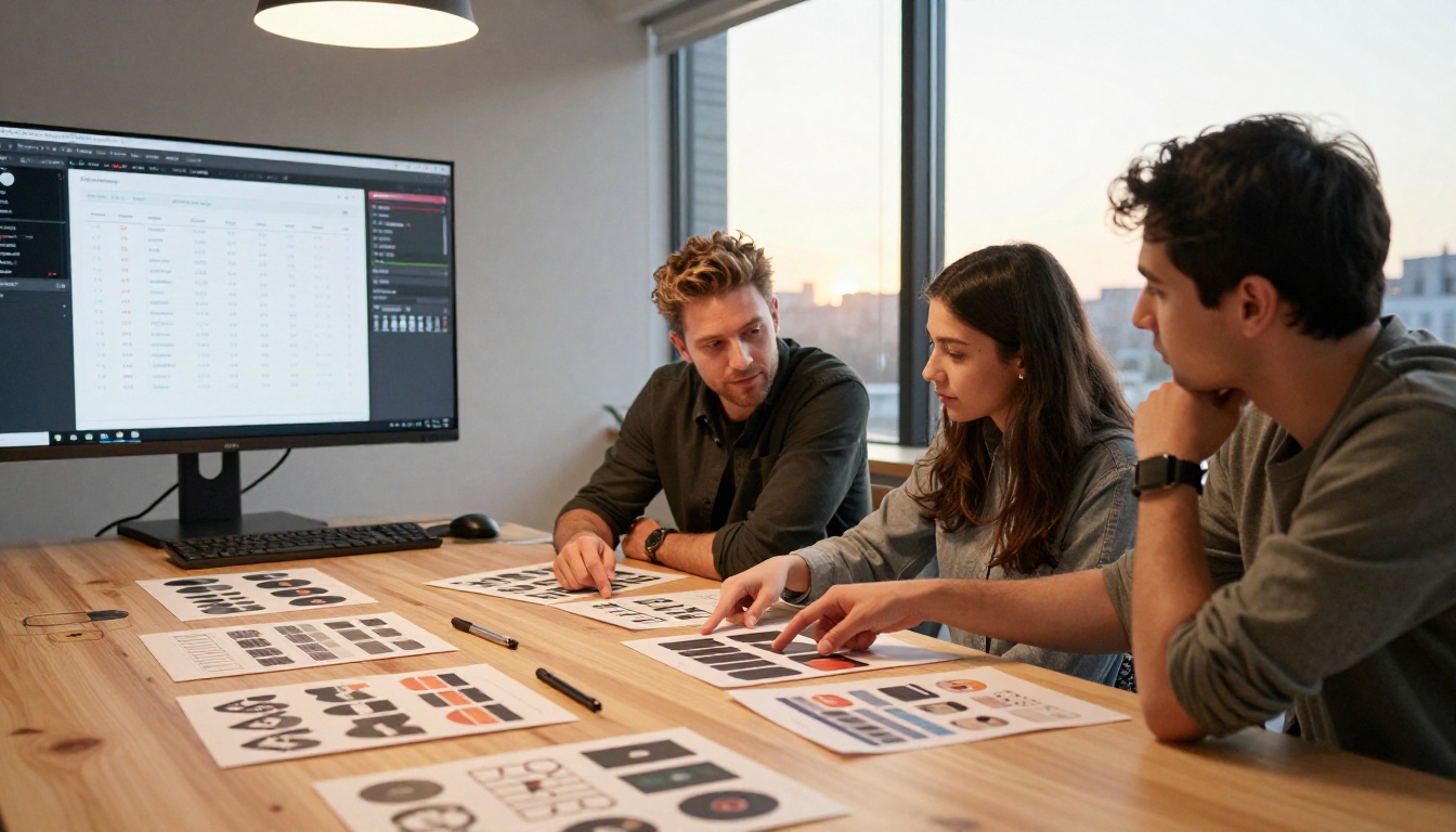 Creative team reviewing AI design outputs on a shared screen