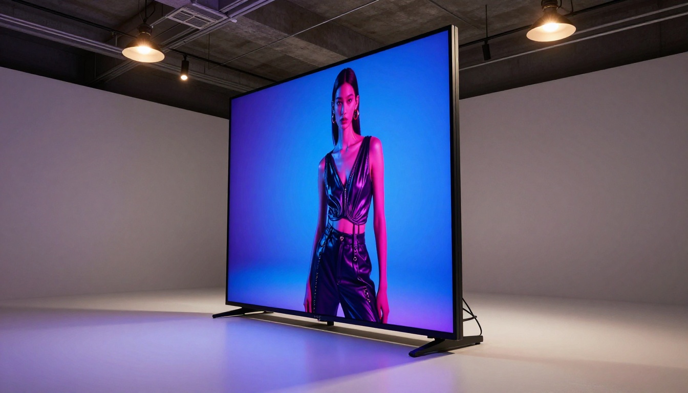 Dramatic low-angle shot of monitor displaying vibrant AI-generated fashion portrait