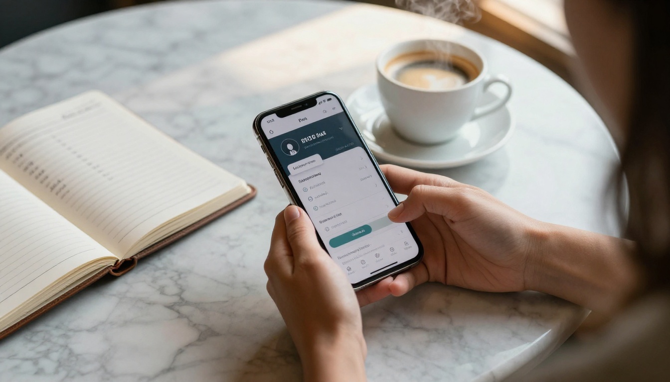 Woman reviewing subscription pricing on smartphone at marble cafe table