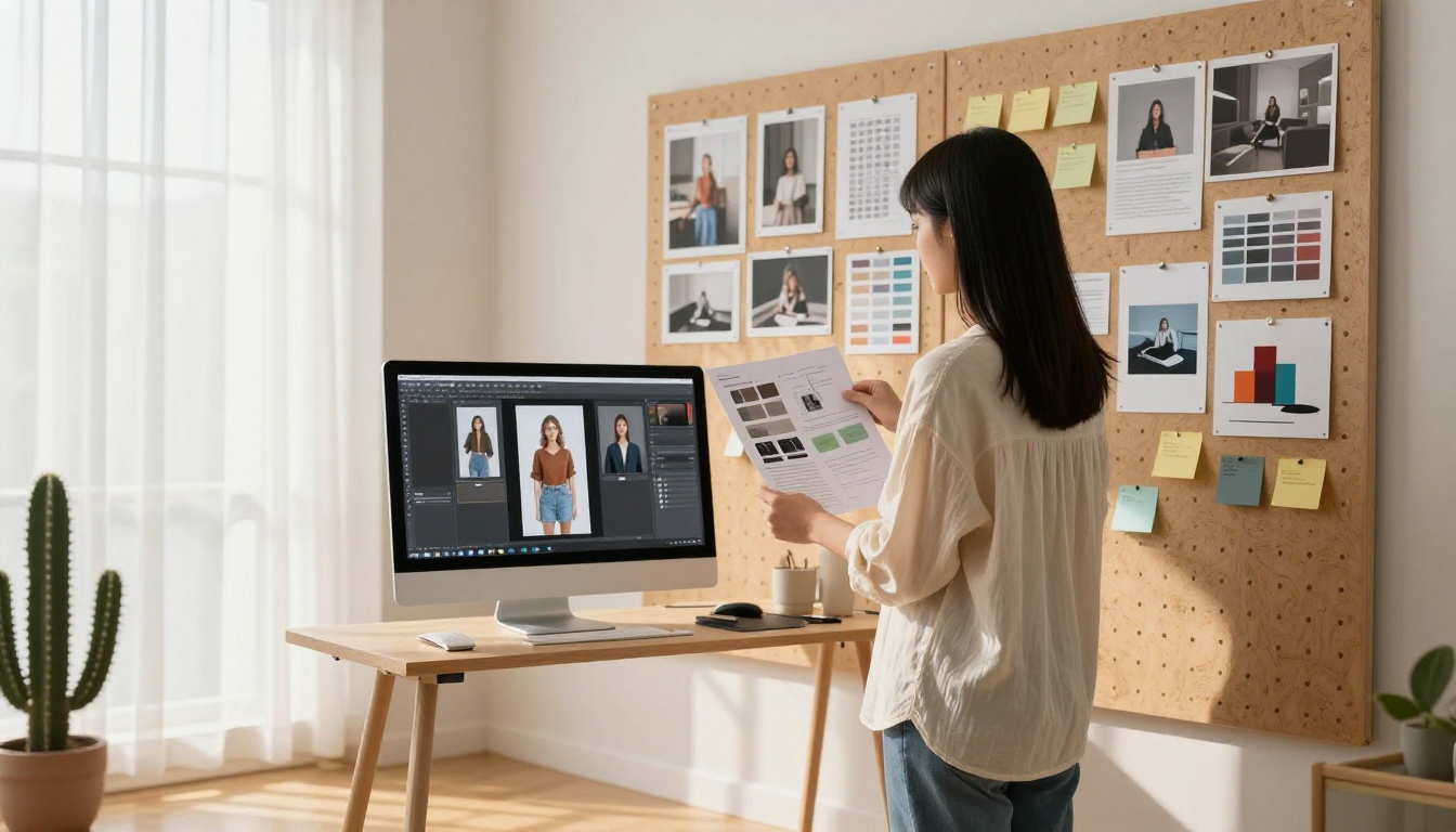 Young woman in home studio comparing AI outputs on screen to printed reference sheet