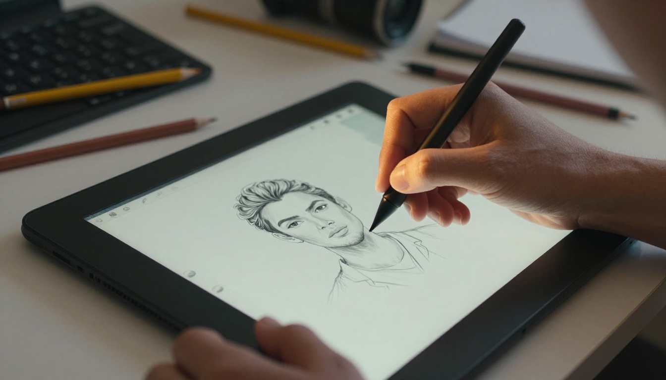 Designer's hands on drawing tablet mid-stroke creating digital artwork