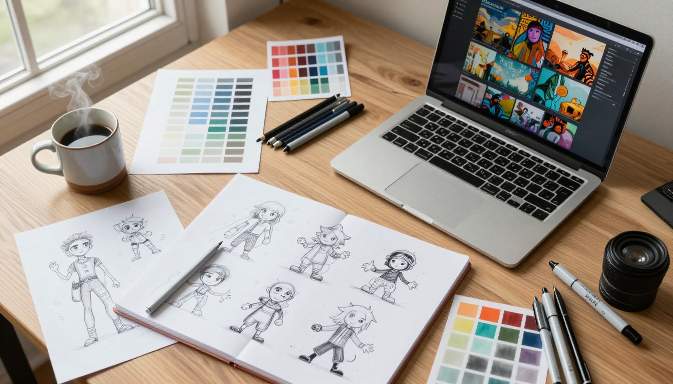 Aerial overhead flat-lay of creative desk with laptop, sketchbook, and design materials