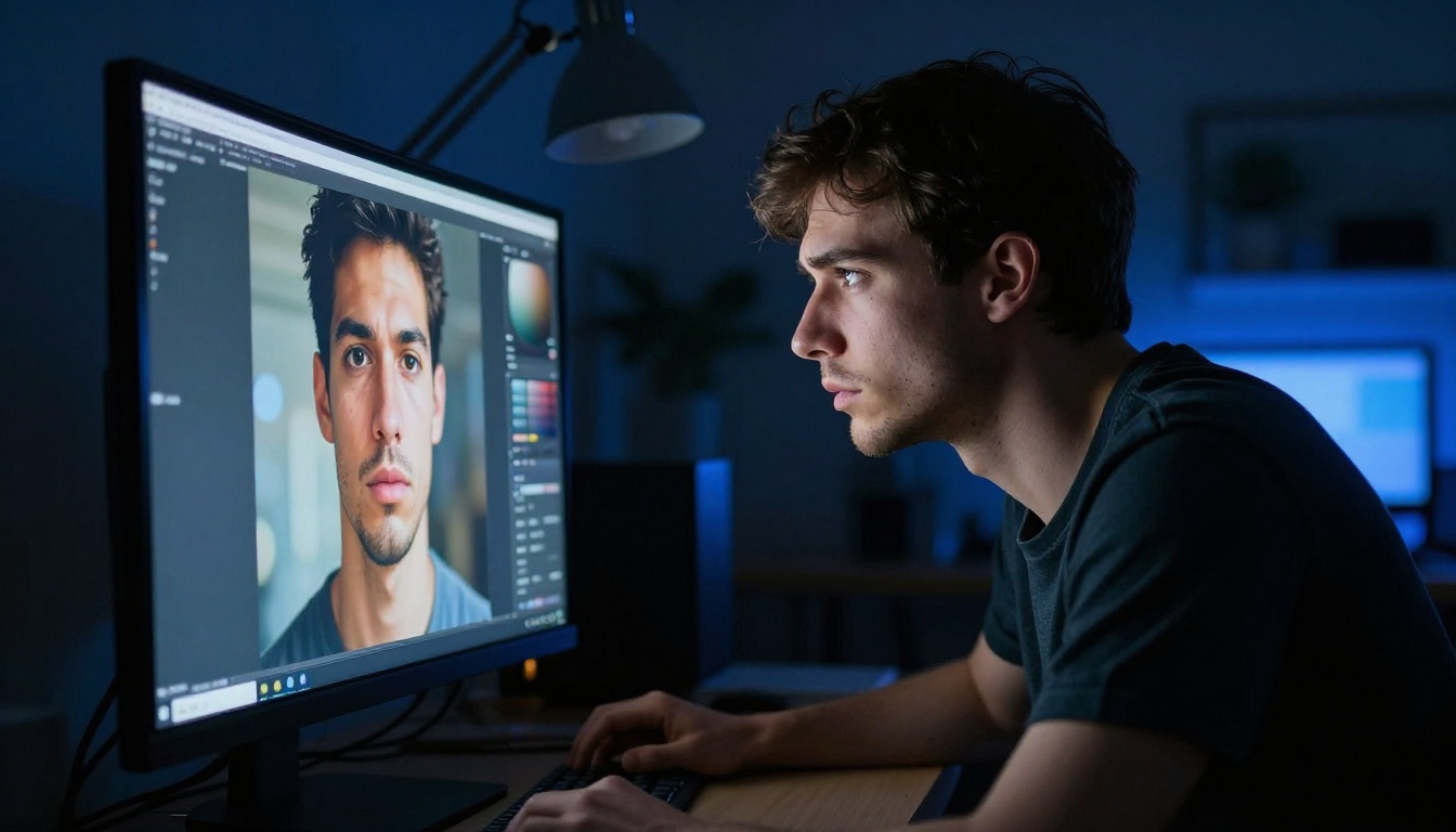 Young man leaning forward intently studying a large monitor displaying AI-generated portrait