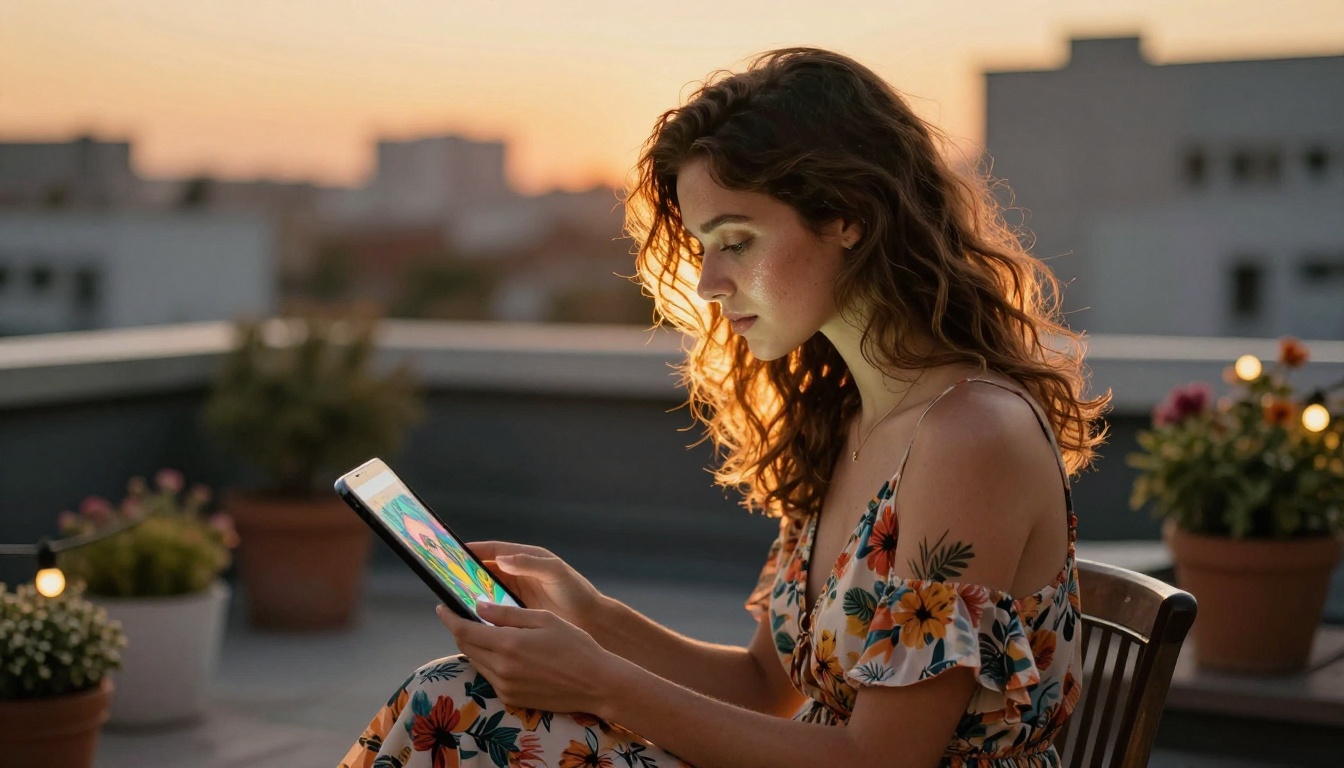 Beautiful woman on rooftop terrace during golden hour holding tablet with digital artwork