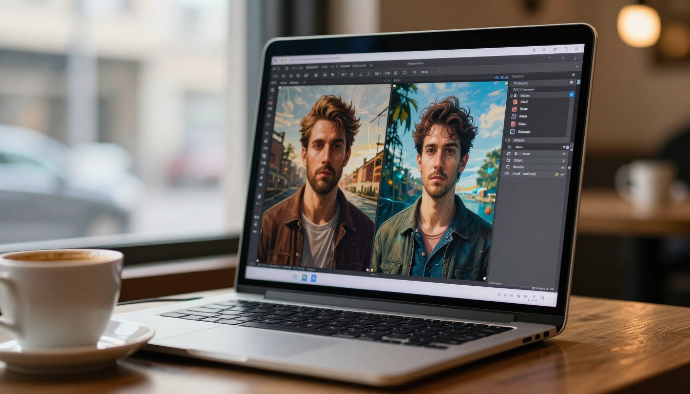 Laptop screen in coffee shop showing AI artwork comparison with coffee cup in foreground