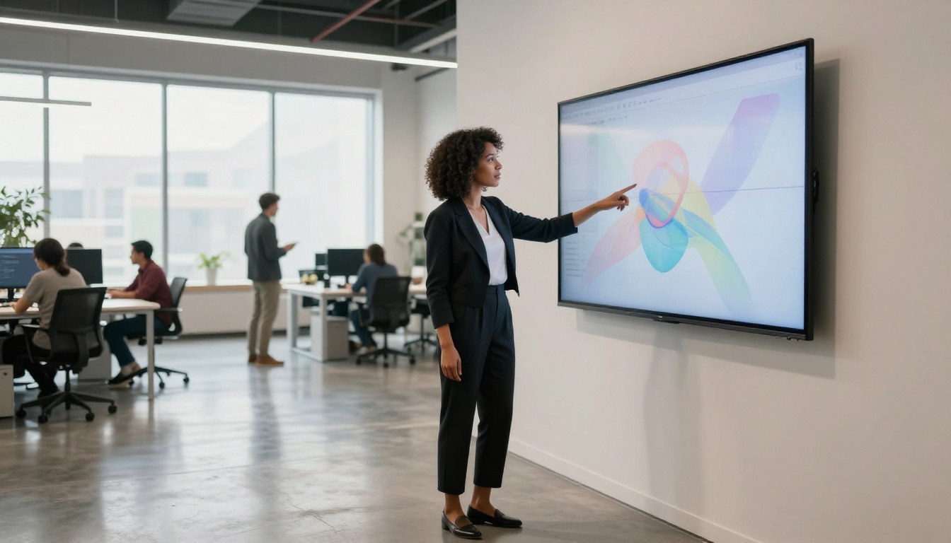 Creative woman with natural hair presenting generative artwork on wall-mounted display in open office