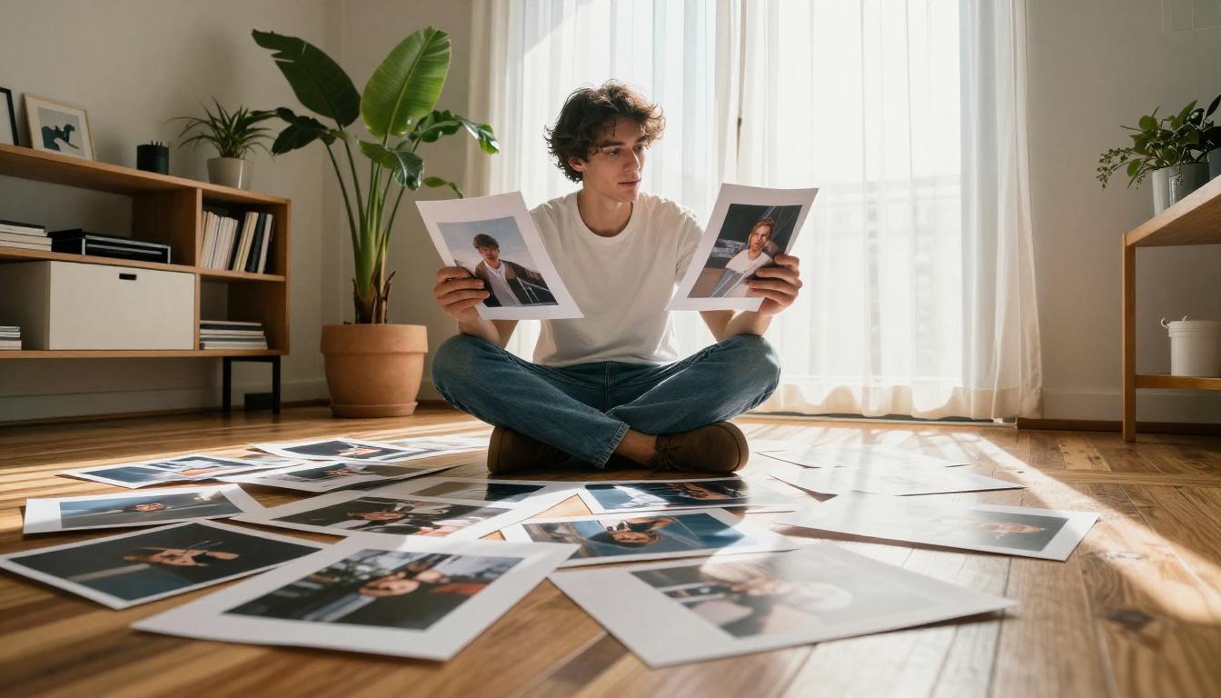 Young male graphic designer sitting cross-legged on floor comparing two printed photographs in window light
