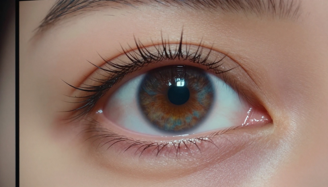 Extreme close-up macro of woman's eye reflecting colorful AI-generated artwork on monitor screen