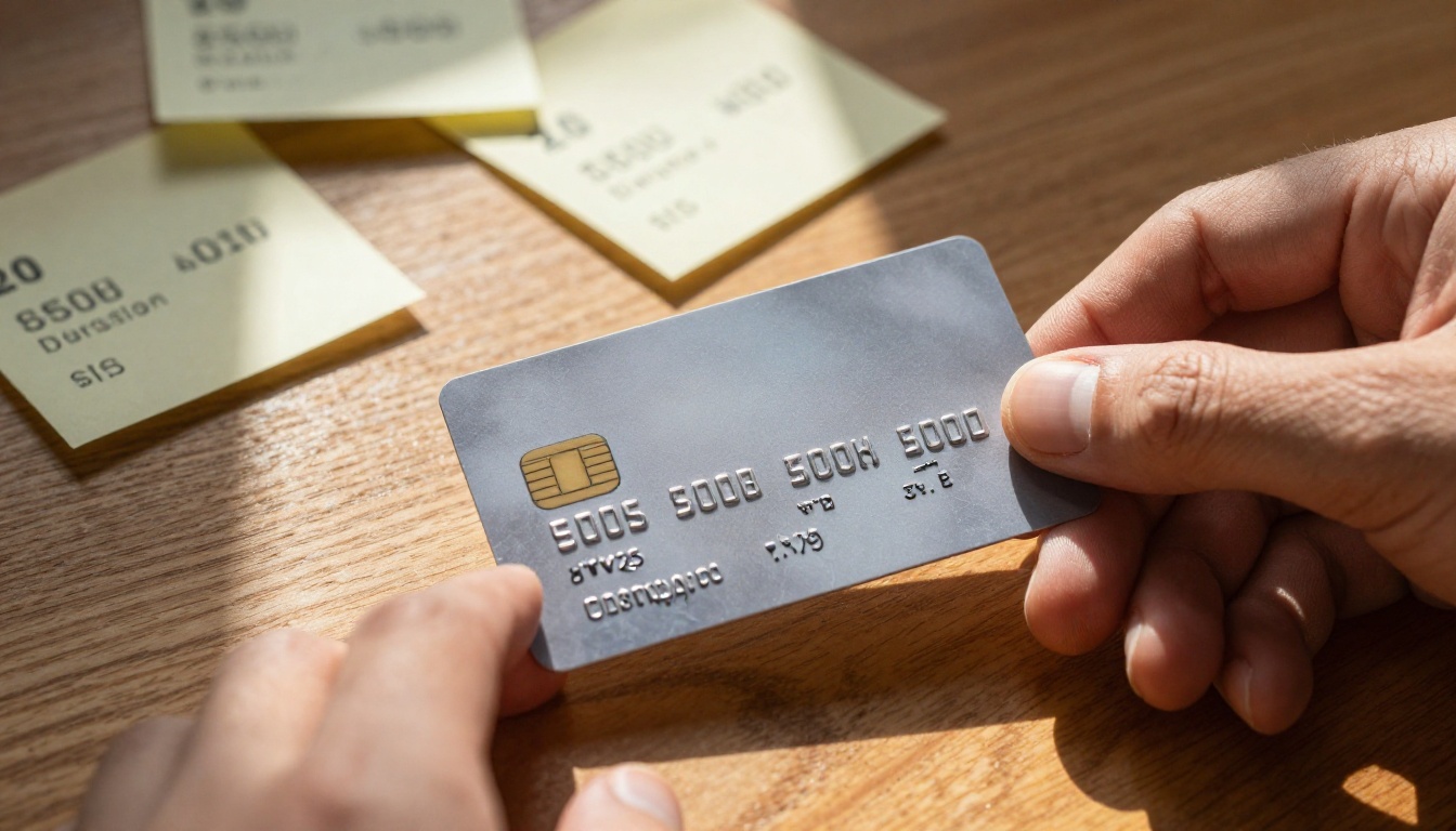 Credit card and sticky notes on a wooden desk Credit card and sticky notes on a wooden desk