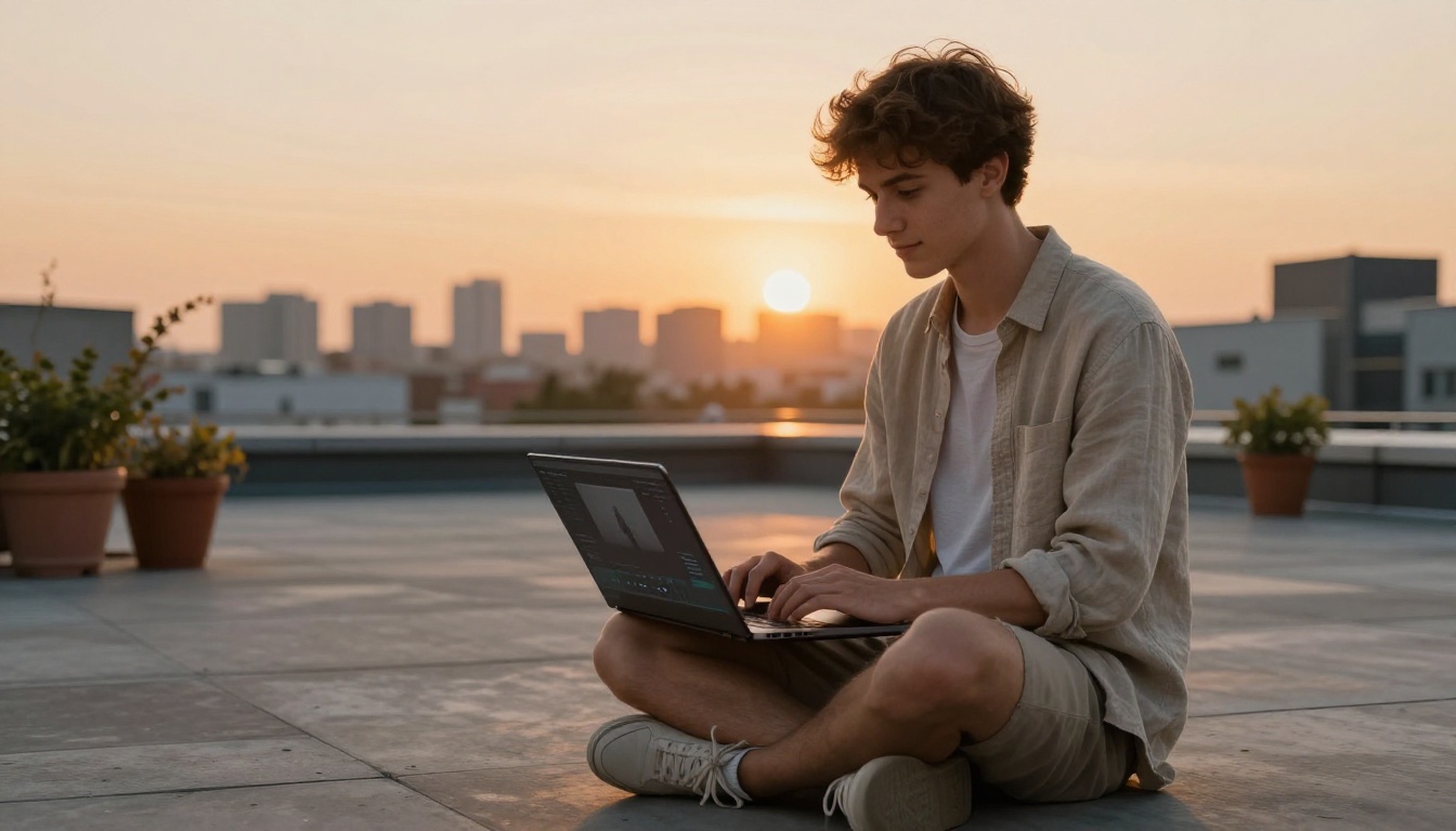 Young filmmaker working on rooftop with laptop