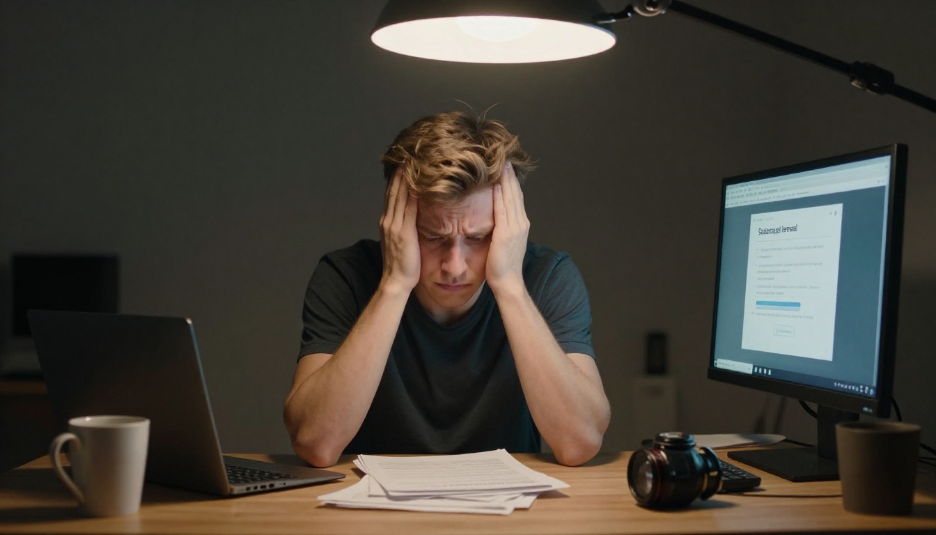 Frustrated man staring at subscription renewal dialog Frustrated man staring at subscription renewal dialog