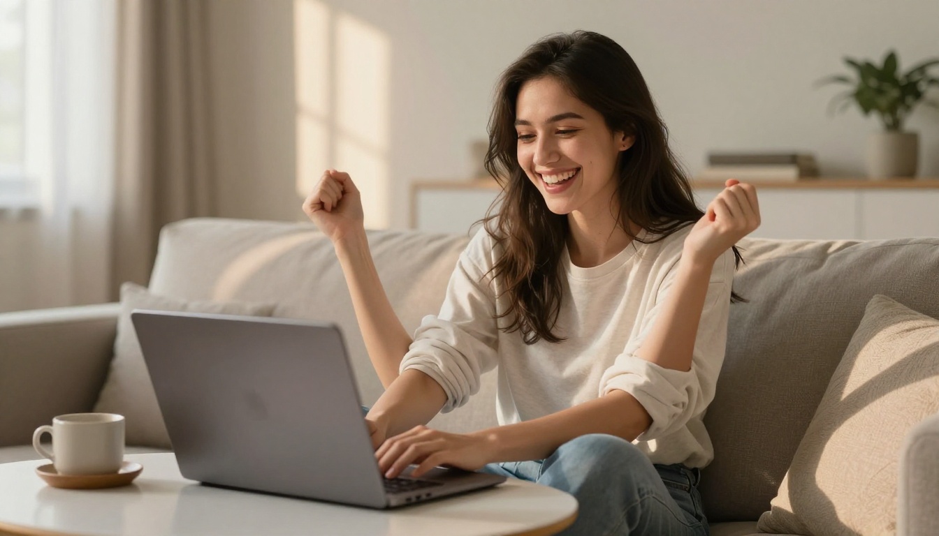 Joyful woman celebrating a completed AI video