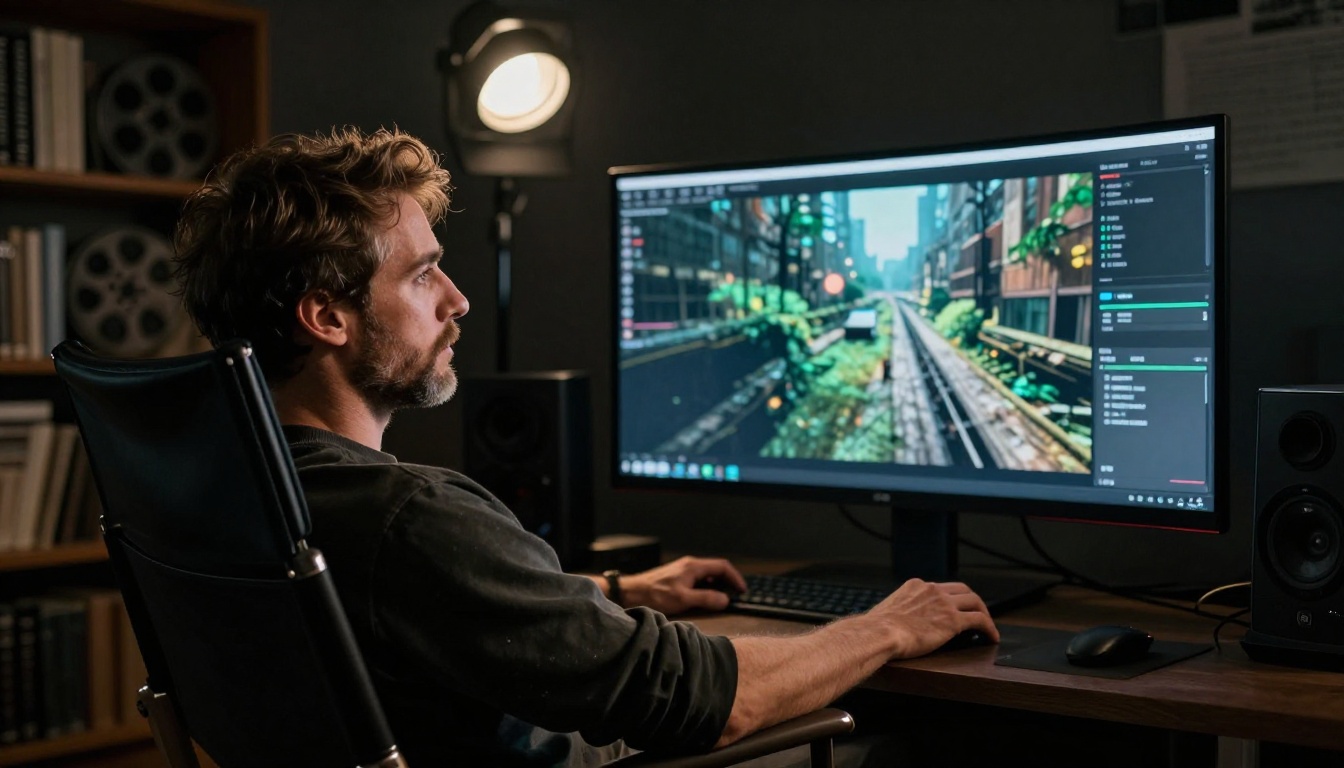 Film director studying AI-generated footage on a curved monitor in a studio