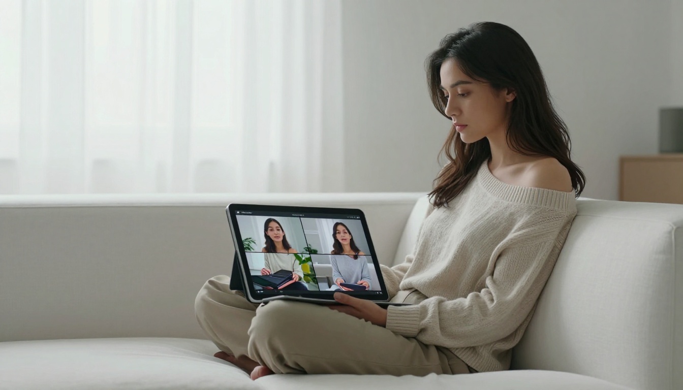 Woman reviewing AI video comparison results on a tablet at home