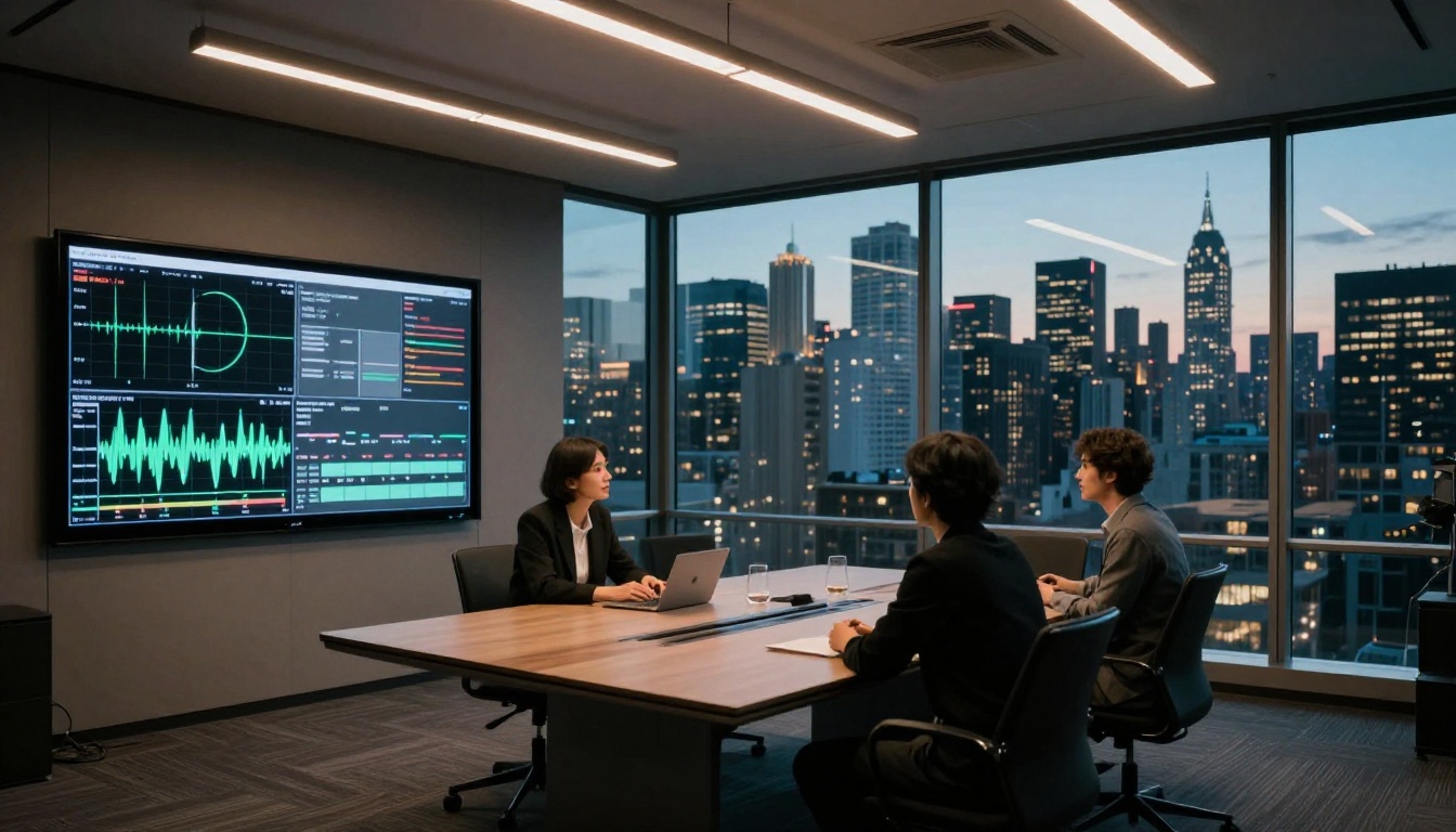 Two creative professionals reviewing video metrics in a modern studio conference room