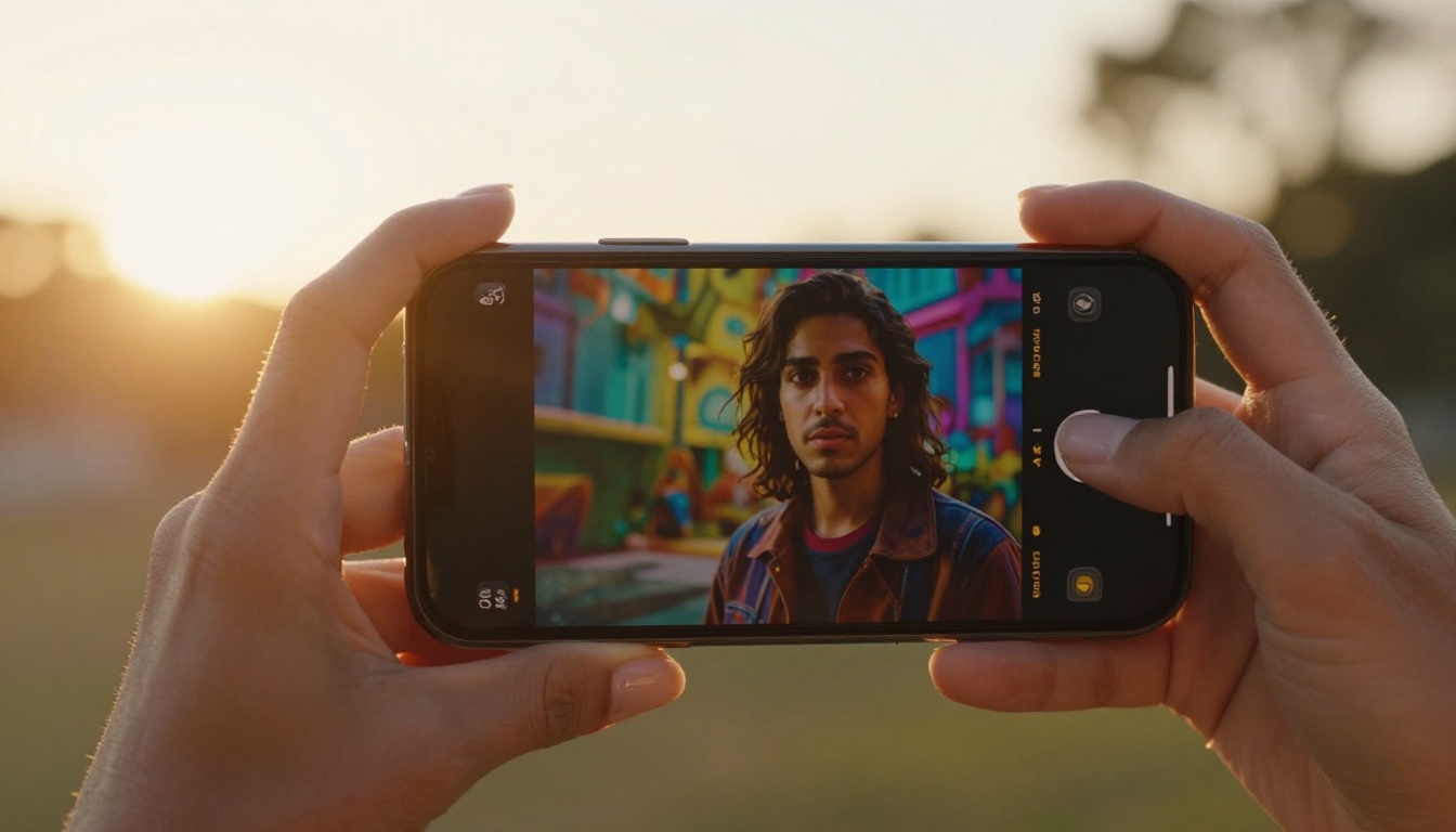 Close-up of a smartphone displaying cinematic AI-generated video in golden afternoon light