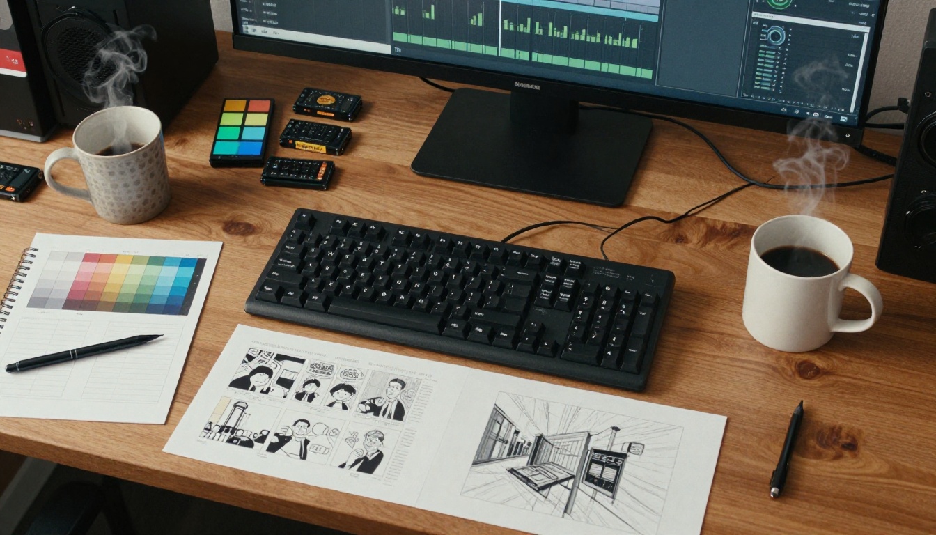 Overhead flat-lay of a professional video editing workstation with keyboards, storyboards, and coffee