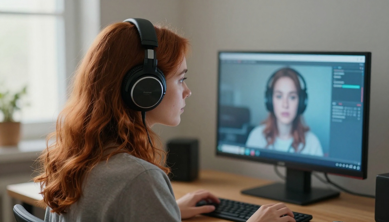 Side profile of a woman wearing studio headphones monitoring AI video playback at a desk