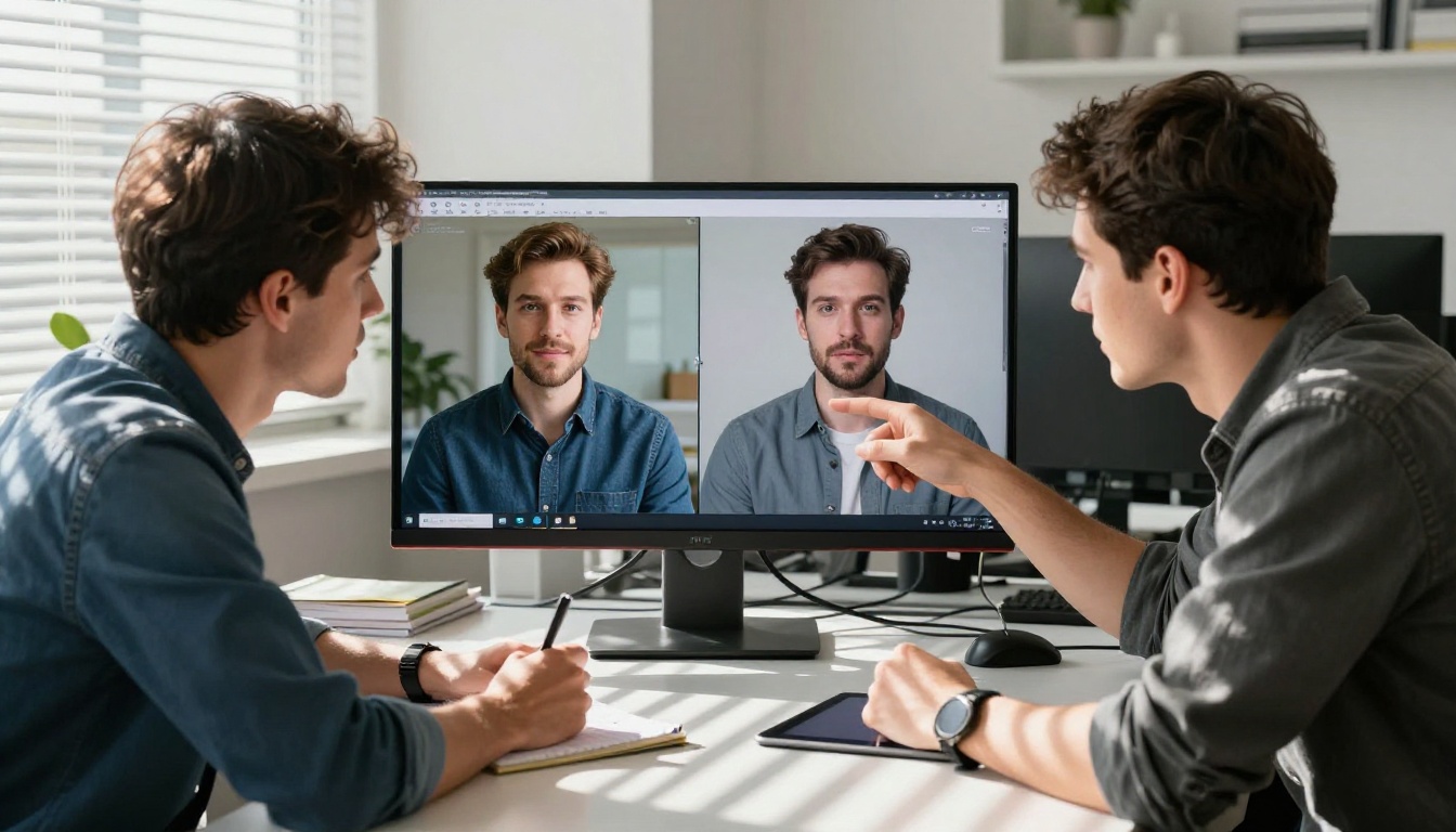 Two creative professionals comparing AI video results on a shared monitor in an open office