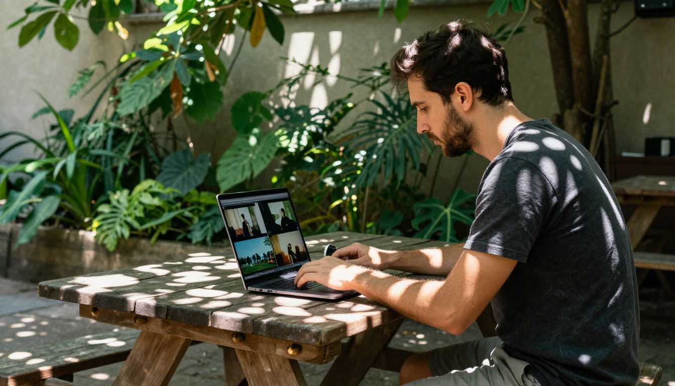 Photographer reviewing AI-generated short film clips on a laptop in a sunlit outdoor courtyard