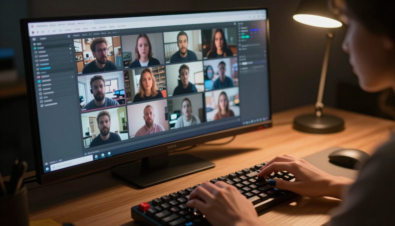 A professional woman typing at a keyboard with multiple AI creative platform interfaces visible across curved monitors