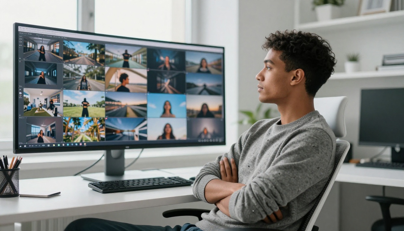 A creative director with dark skin studying AI-generated images across an ultra-wide monitor in a studio office