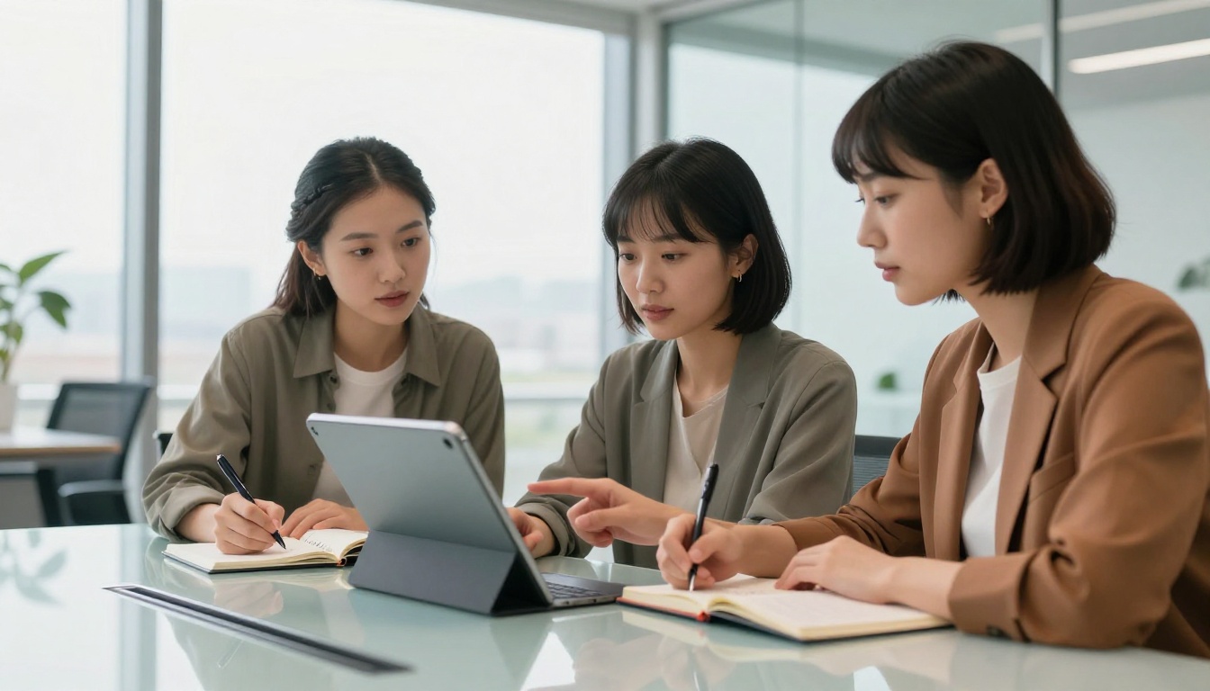 Two women collaborating on AI-generated creative assets at a glass conference table in a bright modern office