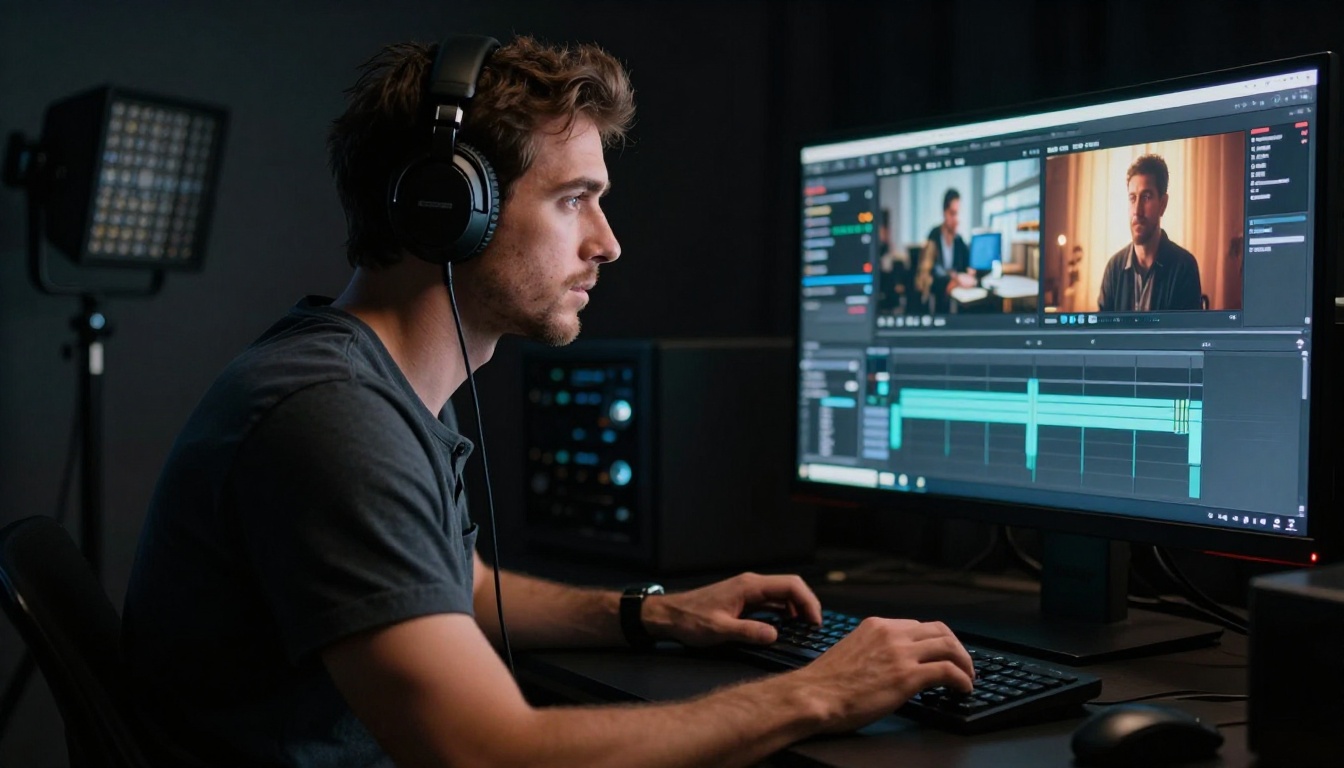 A male video editor studying a cinematic AI video timeline at his professional workstation
