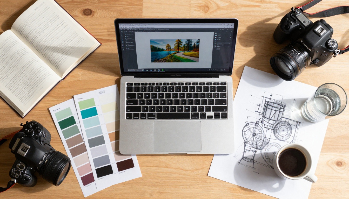 Overhead flat lay of a professional creative workspace with laptop, camera, color swatches, and coffee on a warm wood desk