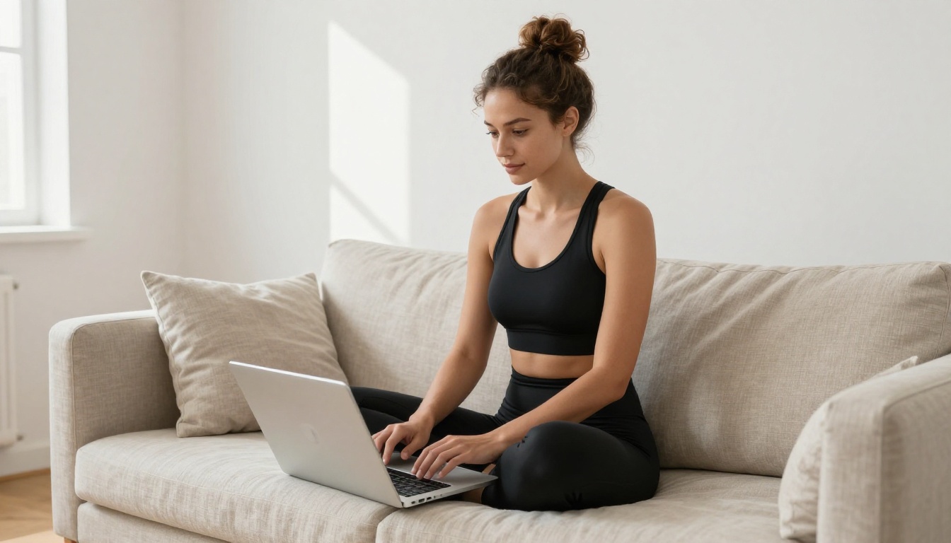 A woman scrolling through AI-generated fashion images on her laptop while sitting on a modern linen sofa