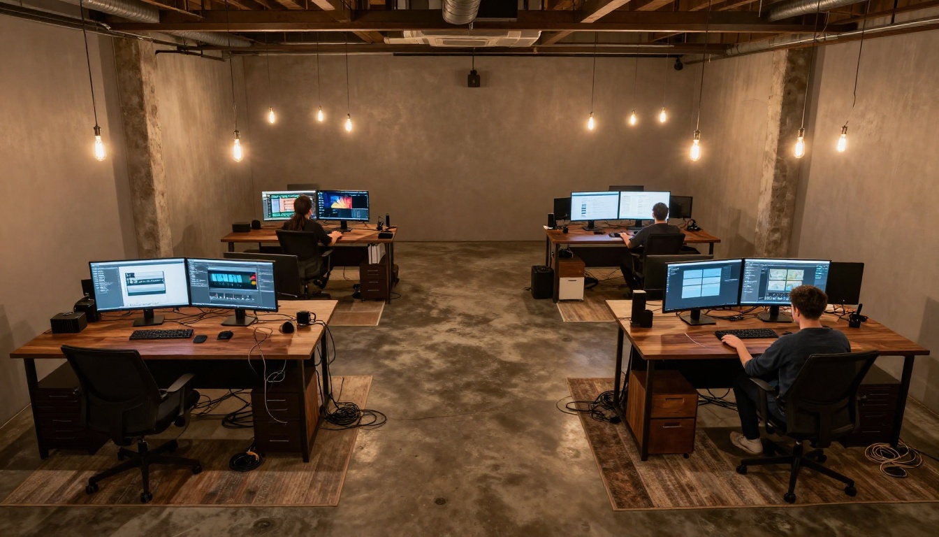 A graphic design studio seen from above with four workstations and designers working in an industrial loft space