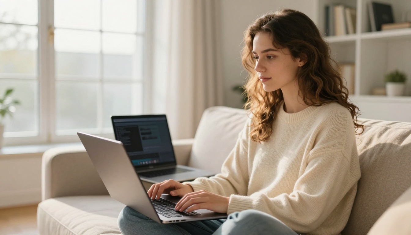 Woman comparing three laptop screens in a bright Scandinavian apartment, evaluating AI creative tools