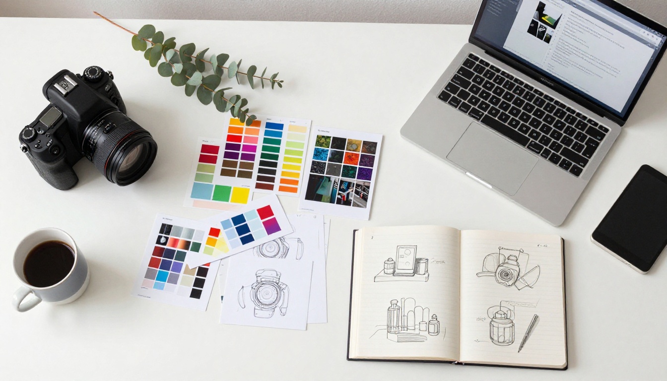 Aerial bird's eye view of a creative designer's workspace flatlay with sketchbooks, DSLR camera, and laptop showing AI interface