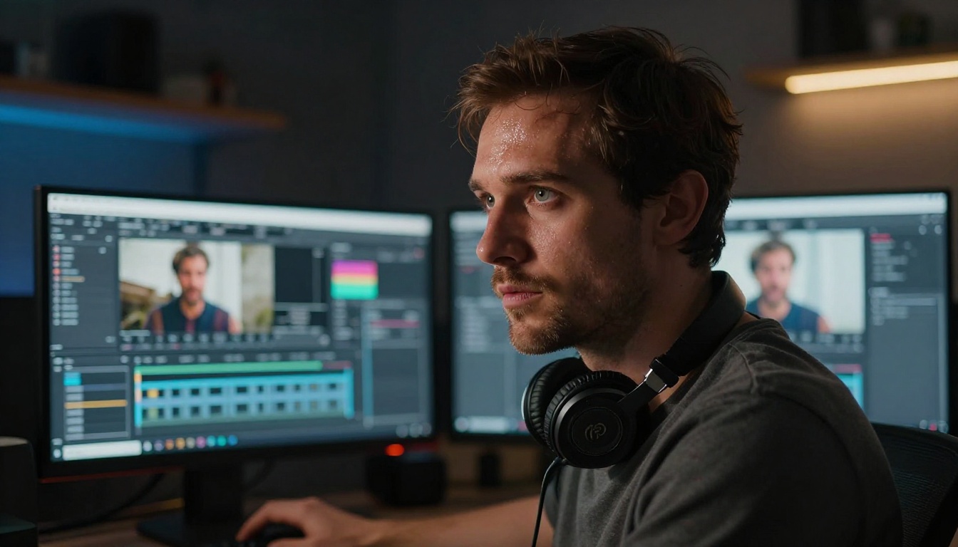 Male video editor working intensely at dual monitor setup with dramatic single desk lamp lighting and half-face shadow
