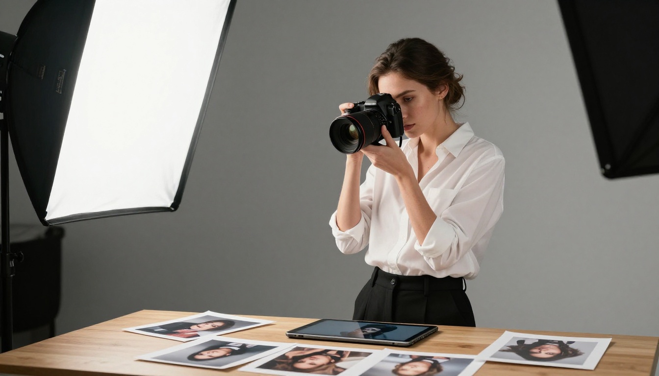 Female photographer reviewing AI-generated photos on tablet in professional photography studio with softbox lights