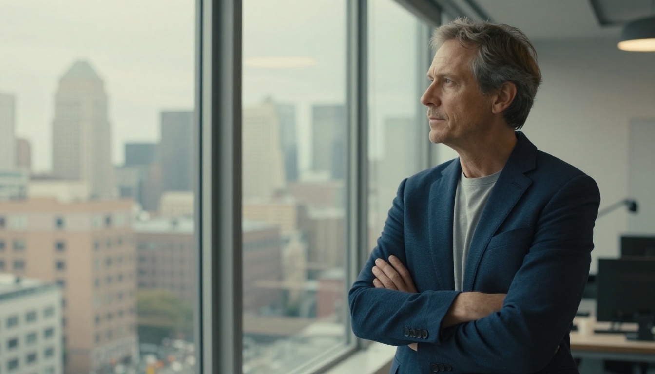 Creative director in tailored navy blazer standing at floor-to-ceiling glass window in modern open-plan studio with city skyline behind