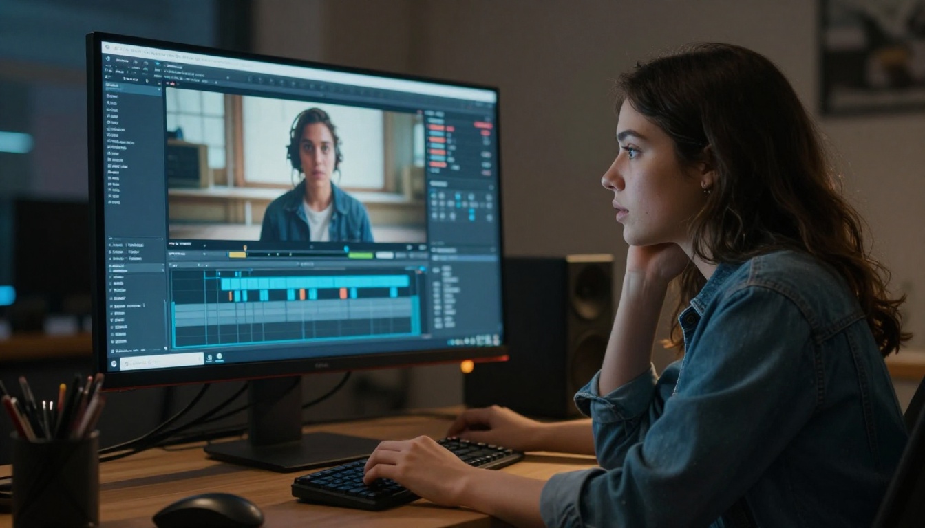 Filmmaker reviewing cinematic AI video footage on professional monitor