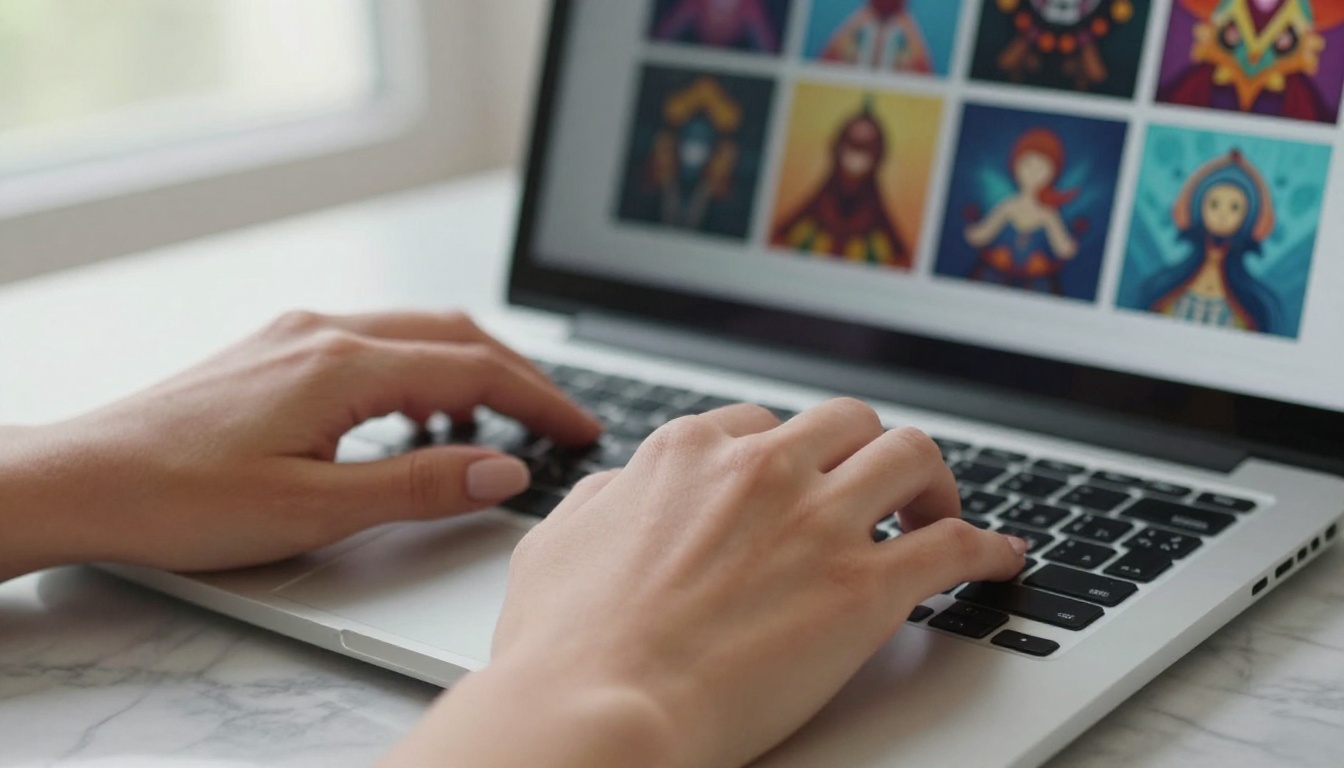 Woman's hands typing on sleek laptop with marble desk surface, screen showing colorful AI-generated artwork grids in soft focus background