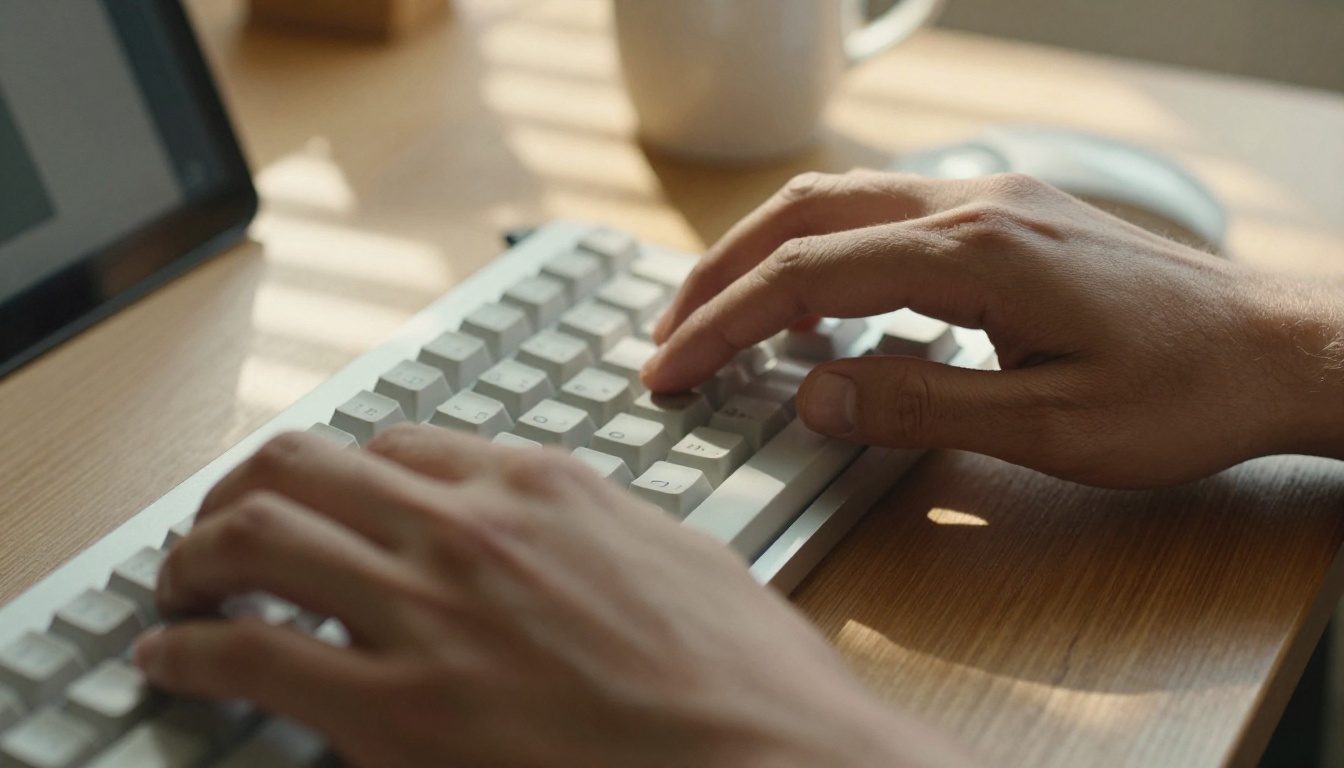 Close-up of hands typing an AI video generation prompt on keyboard
