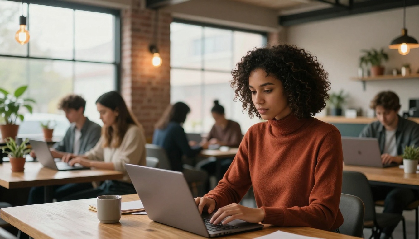 Wide shot of modern coworking space with Edison bulb lighting, industrial windows, and woman in rust turtleneck in sharp focus at wooden communal table