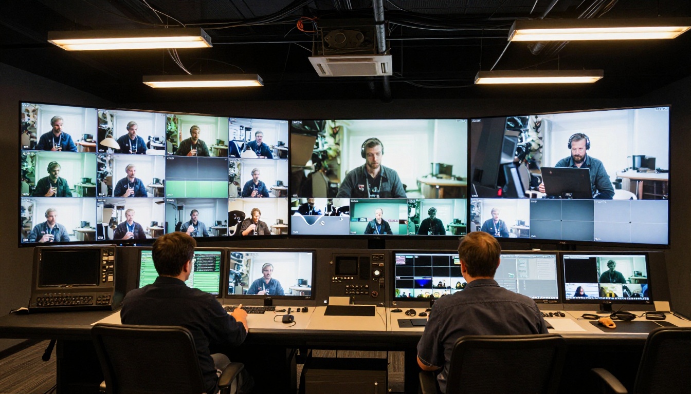 Video production control room with multiple professional monitors
