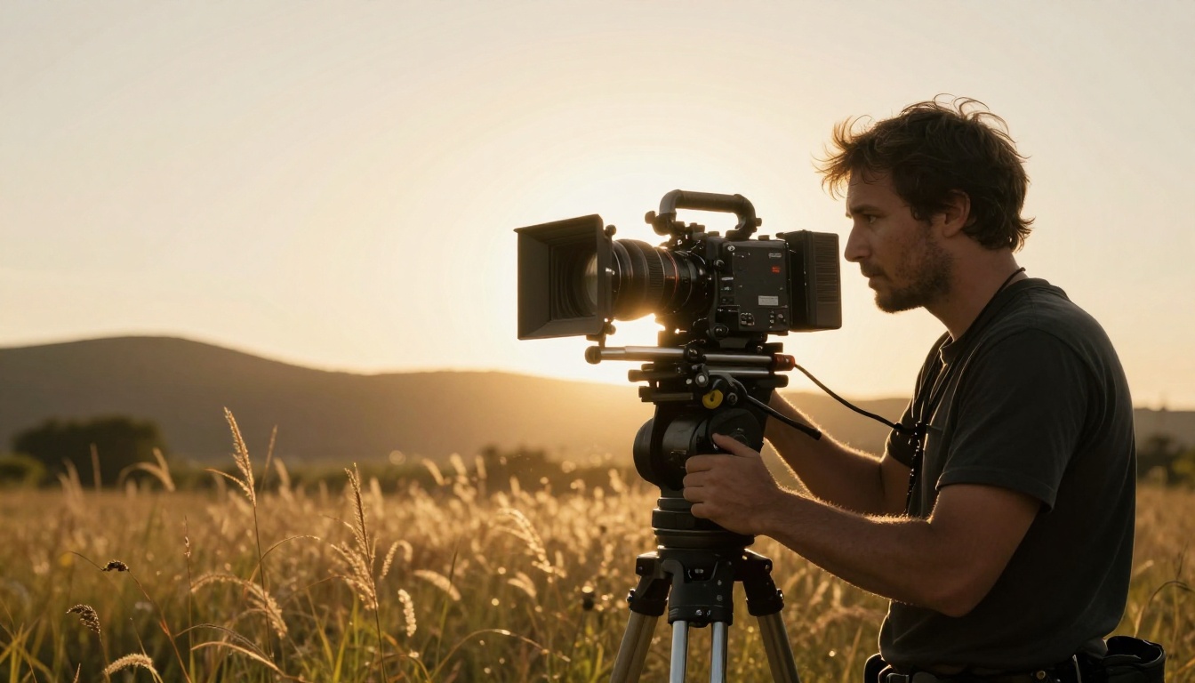 Professional cinematographer filming at golden hour with cinema camera on gimbal